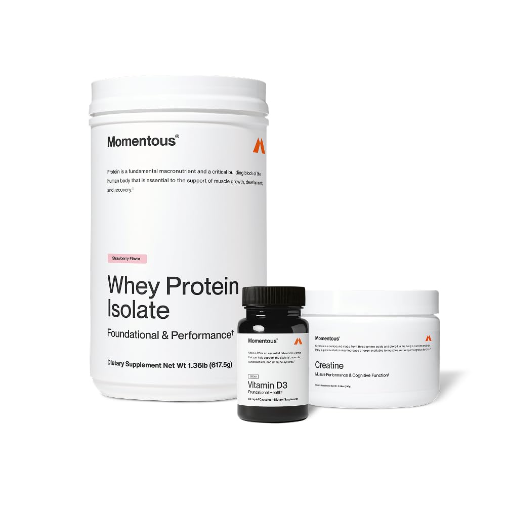 Momentous Arnold's Stack - Creatine Monohydrate Powder, Essential Grass-Fed Whey Protein Powder (Strawberry) & Vitamin D3 (2000 IU) - Daily Fundamentals to Support Muscle Strength & Longevity