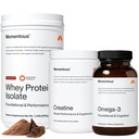 Momentous Three - Creatine Monohydrate Powder (90 Servings), Grass-Fed Whey Protein Powder (Chocolate) & Omega-3 Fish Oil 1600mg - Daily Essentials for Strength, Performance & Lean Muscle Recovery