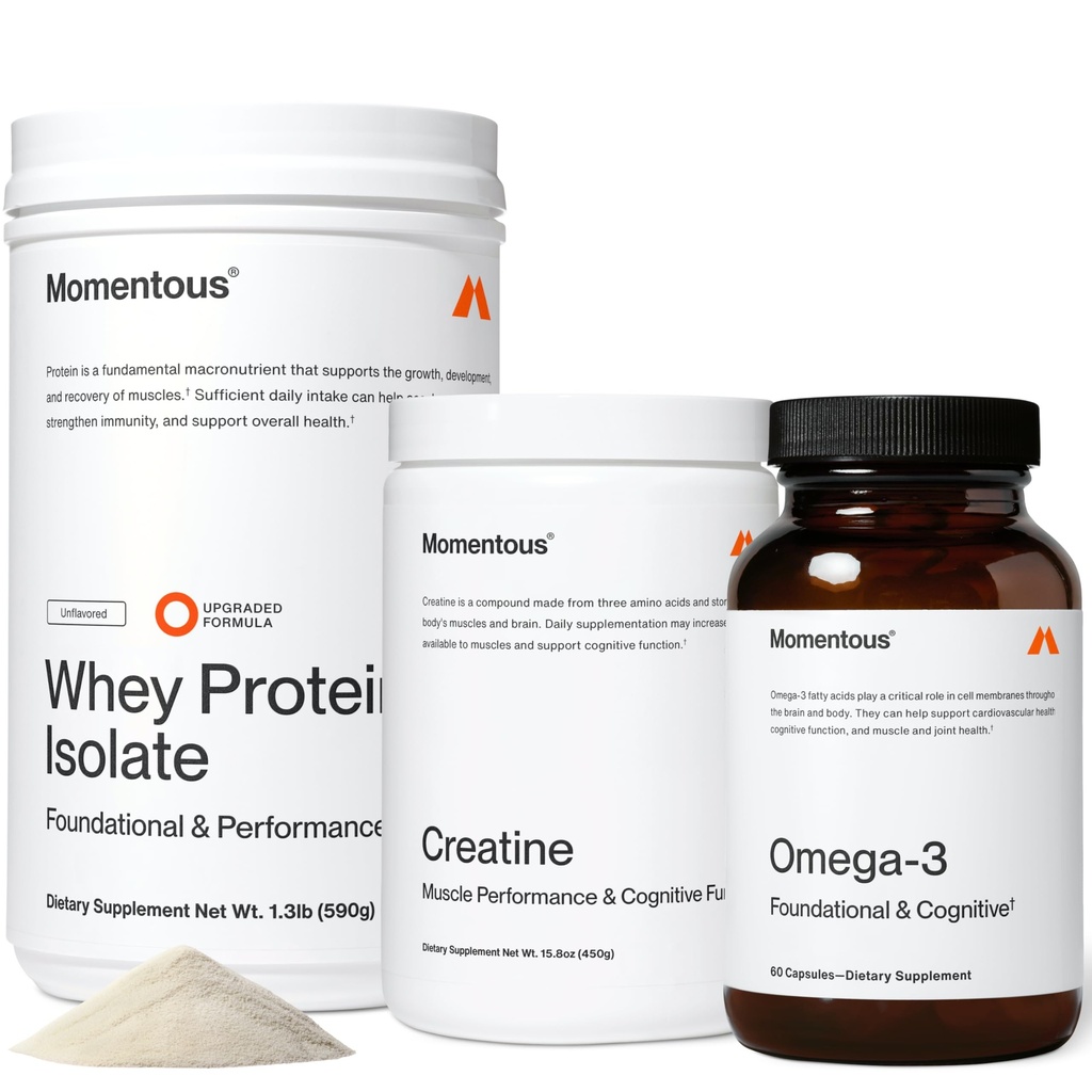 Momentous Three - Creatine Monohydrate Powder (90 Servings), Grass-Fed Whey Protein Powder (Unflavored) & Omega-3 Fish Oil 1600mg - Daily Essentials for Strength, Performance & Lean Muscle Recovery