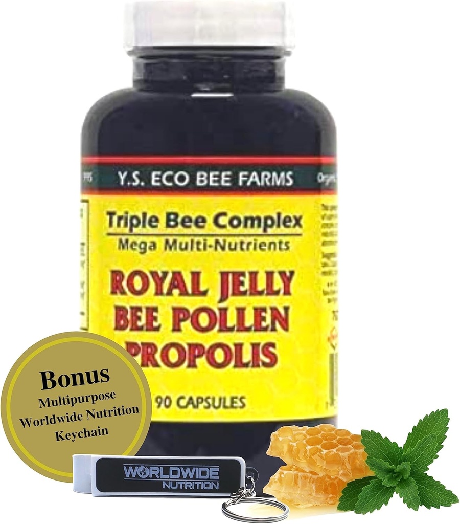 YS Organics Triple Complejo de abejas, Royal Jelly, Bee Pollen, Propolis - El Poder de la Naturaleza Empaquetado en 90 cápsulas con Bono en todo el mundo
