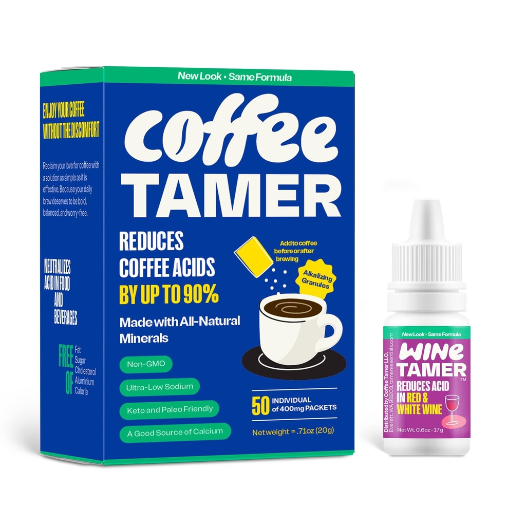 Coffee Tamer Coffee Acid Reducing Granules 50 Pack Box and Wine Tamer Liquid Drops 6oz Dropper Bottle