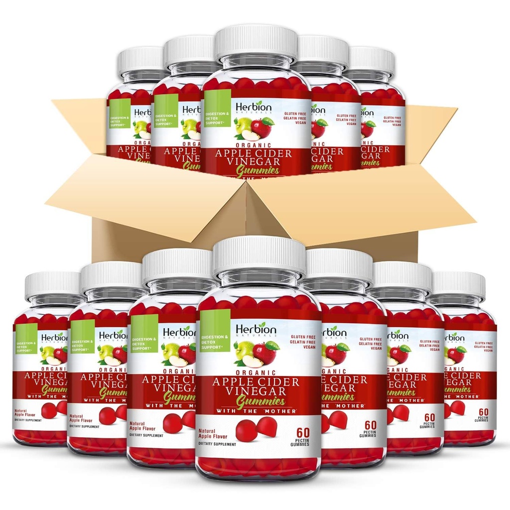 HERBION Naturals Organic Apple Cider Vinegar Gummies with The Mother, Digestion & Detox Support, Natural Apple Flavor, Vegan, Made in USA, 60 Count, 12 Pack