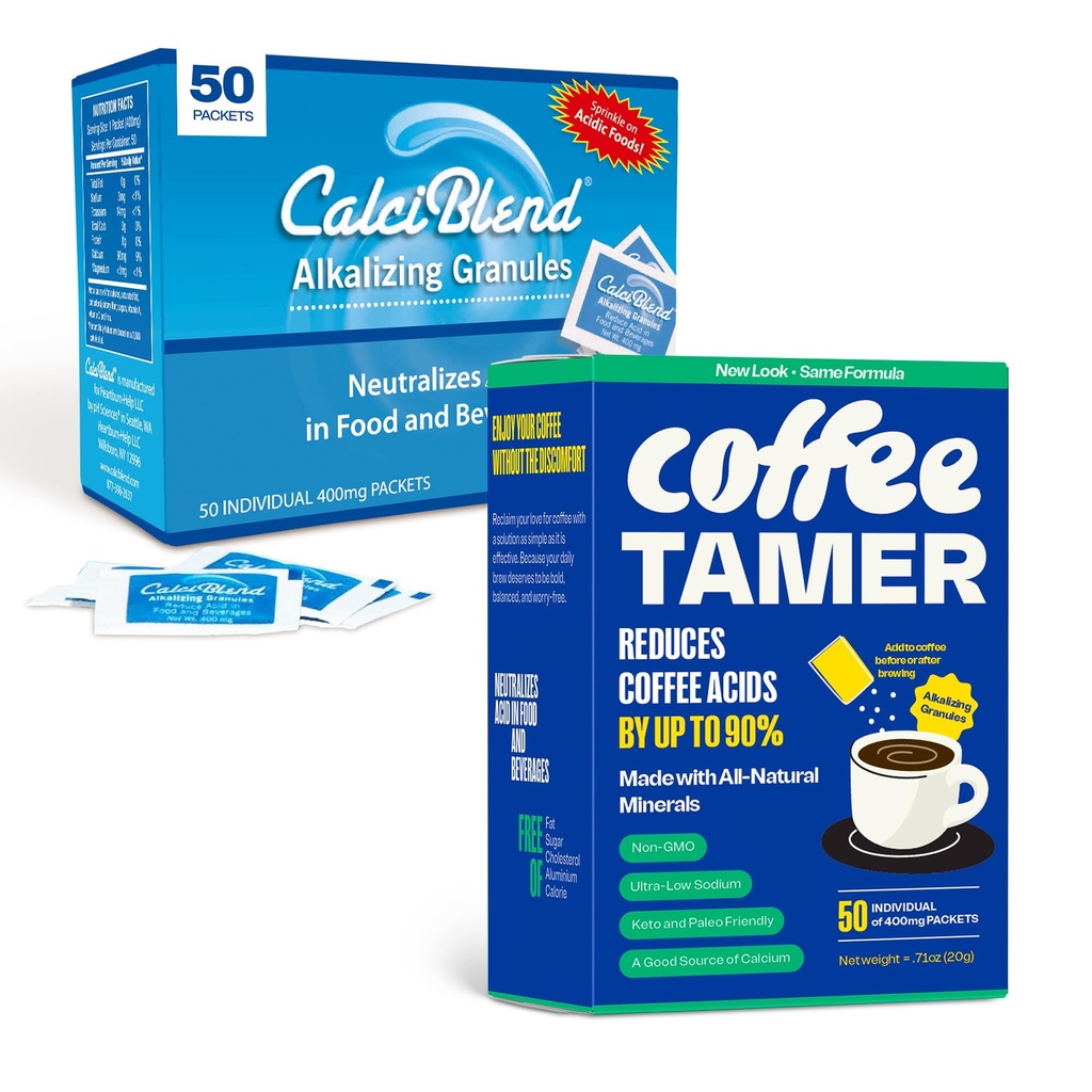 Coffee Tamer Coffee Acid Reducing Granules 50 Pack Box and CalciBlend Alkalizing Granules 50 Pack Box