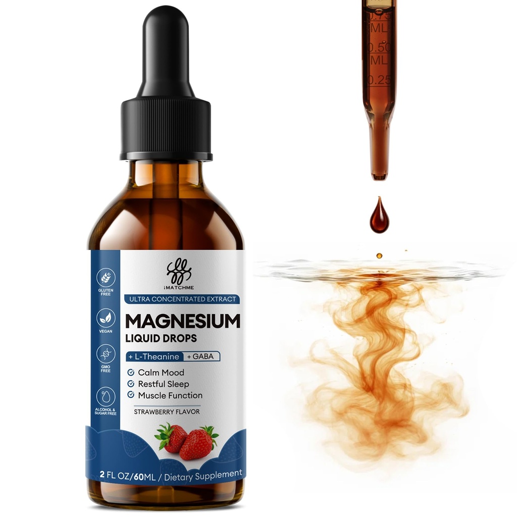 Liquid Magnesium Glycinate Drops for Sleep Support & Nighttime Calm,Magnesium Drops with Chamomile, Ashwagandha, L-Theanine & GABA for Relaxation Support, Gentle Absorption, Strawberry Flavor, 2 Fl Oz