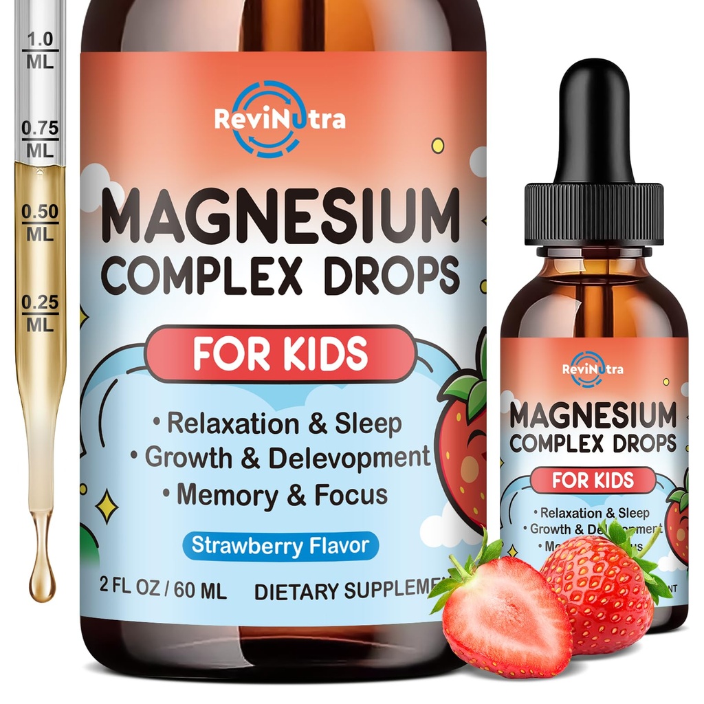 Magnesium Glycinate Liquid for Kids, Kids Magnesium Drops with L-Theanine, Calcium, Zinc, Vitamin D3 K2 for Sleep, Calm, Mood, Relaxation, Focus, Brain, Bones, Strawberry Flavor 2 Fl Oz