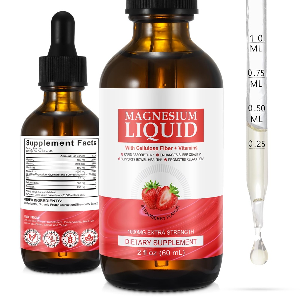 Magnesium Glycinate Liquid, High Absorption Magnesium Liquid, Magnesium Complex Drops with Vitamin B C D for Bone Health, Relaxation, Sleep, Heart Health, Muscles Support- Strawberry Flavor(2 Fl Oz)
