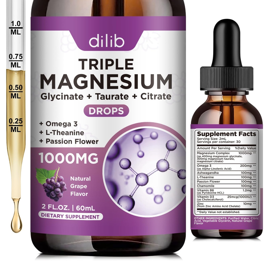 Liquid Magnesium Glycinate Supplement 1000mg, Calm Magnesium Citrate, Taurate Drops with Omega 3, Zinc, Ashwagandha, L-Theanine, Chamomile for Sleep, Mood, Stress Relief, Bone, Muscle, Grape Flavor