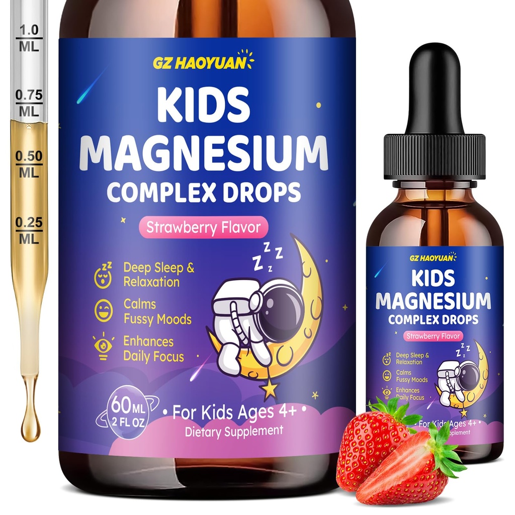 Magnesium Complex Liquid for Kids, Magnesium Glycinate, Malate, Taurate, Citrate with L-Theanine, Vitamin B6, B12, D3 Kids Liquid Drops for Sleep, Relaxation, Calm, Focus - 2 Fl Oz, Strawberry Flavor