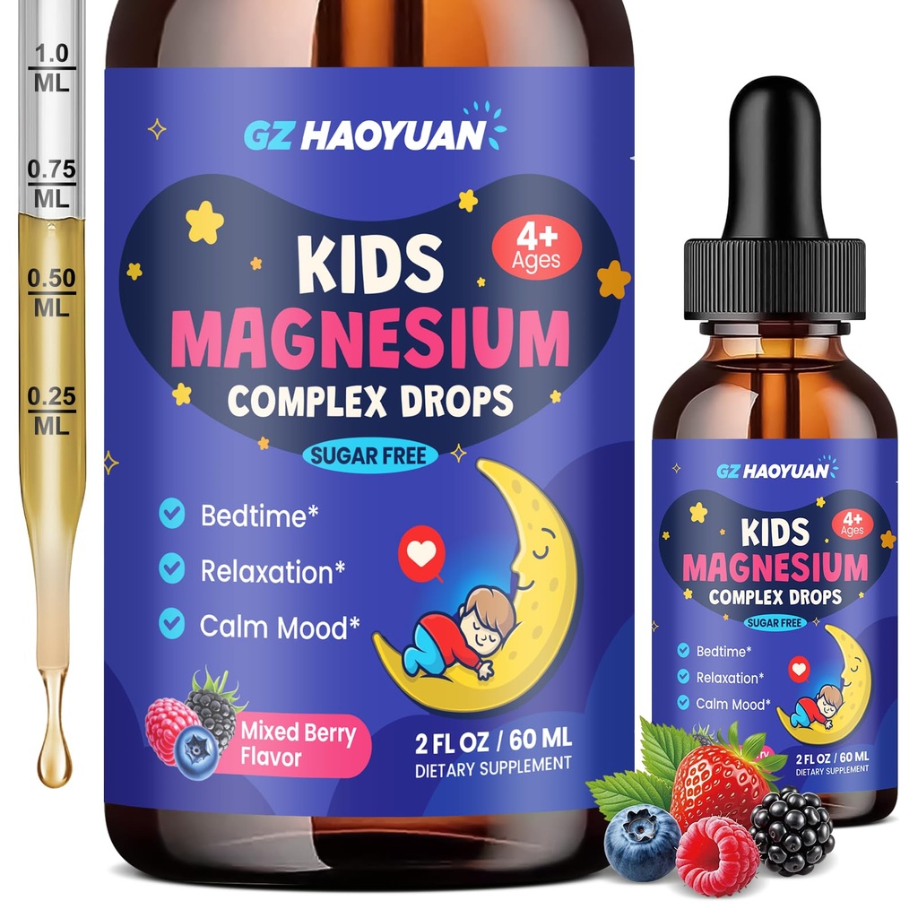 Magnesium Glycinate Liquid for Kids - Magnesium Citrate Supplement with L-theanine, Chamomile & Vitamin B6 - for Sleep, Relaxation, Calm & Focus, Mixed Berry Flavor 2 Fl Oz