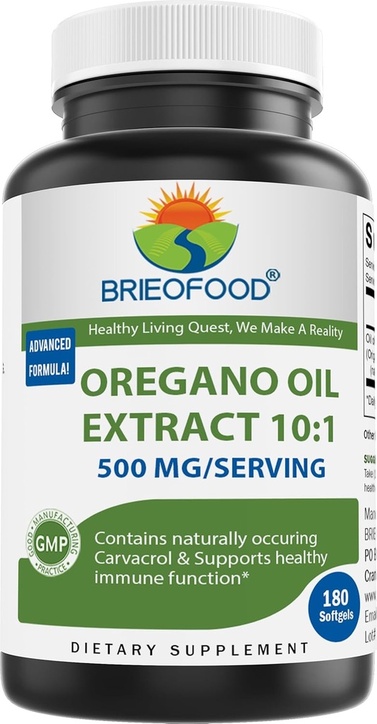 Brieofood Oregano Oil 10:1 Extracto 500 mg por Serving - Contiene Carvacrol Naturalmente Oculto - Función de Inmunidad Saludable - 180 Softgels