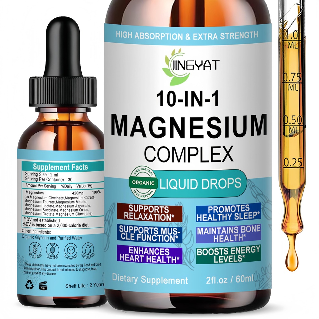 High Absorption Magnesium Complex Drops | 10-in-1 Liquid Magnesium Complex for Women & Men with Glycinate,Citrate,Taurate | for Stress Relief,Sleep,Heart Health | Vegan,Non-GMO,Fast-Acting Formula