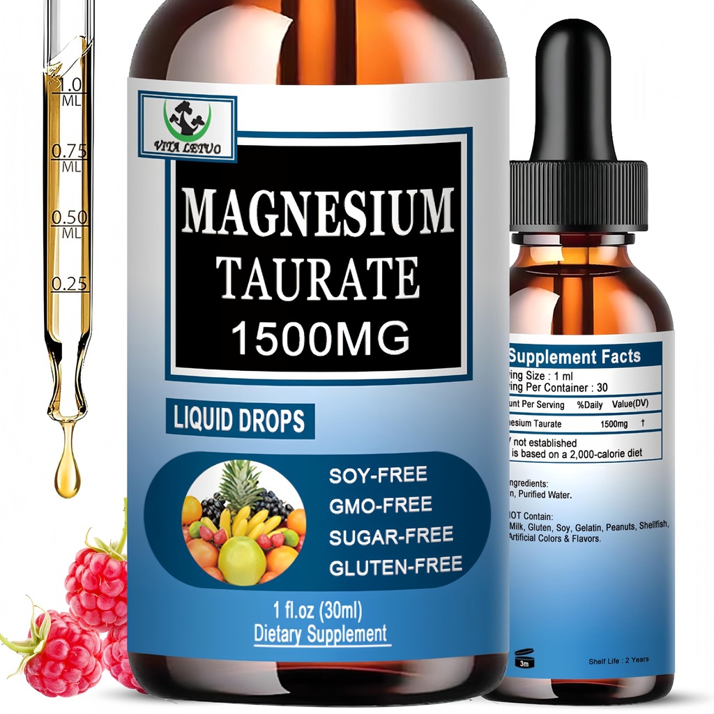 Magnesium Taurate Liquid Drops, High Absorption Magnesium Taurate 1500mg for Cardiovascular Health, Muscle, Joint, and Heart Health*, Liquid Magnesium Supplement for Adults Women & Men, 30 Servings