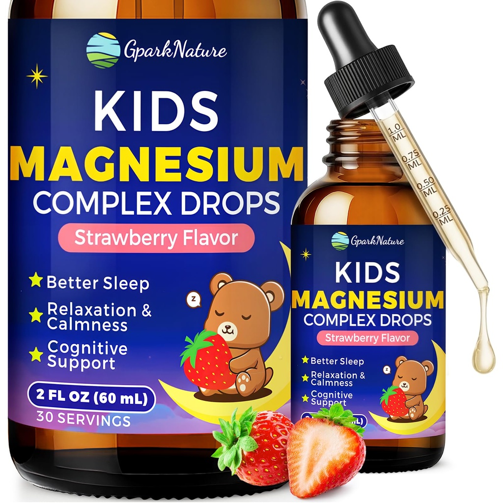 Kids Magnesium Liquid Drops - Magnesium Glycinate Liquid for Kids, Magnesium Supplement with L-theanine, Omega-3, D3 for Sleep, Calm, Relaxation, Brain & Bone Support - Strawberry Flavor 2FL Oz