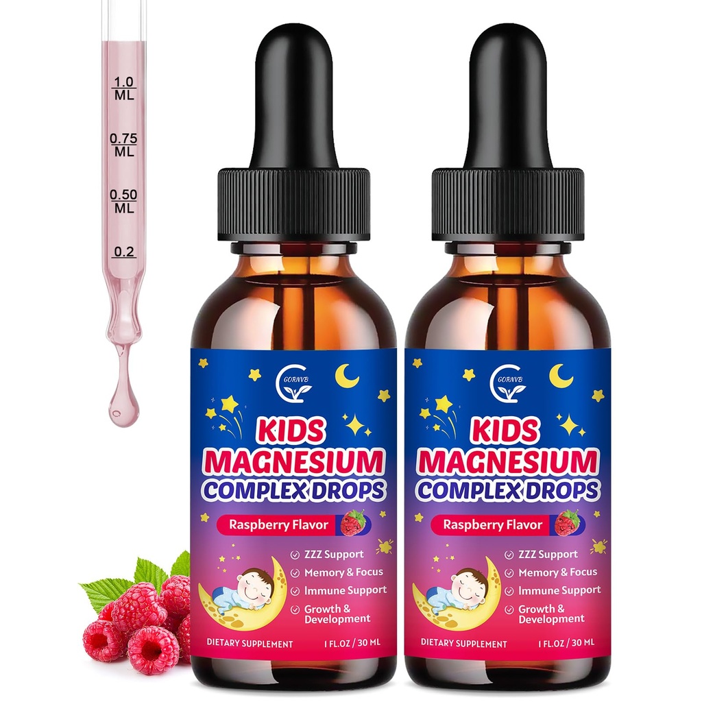 (2 Bottles) Magnesium Glycinate Liquid for Kids with L-Theanine, Omega-3, Vitamin D3, K2, Zinc, Kids Magnesium Liquid Drops for Sleep & Calm, Brain, Bone, Sugar Free, Raspberry Flavor