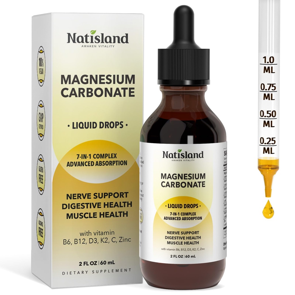 Magnesium Carbonate 500mg Liquid Drops, High Absorption Supplement with Vitamin C, D3, K2, B6, B12, Zinc for Digestive System Health, Nerve & Muscle Function, Vegan, Non-GMO, Lemon Flavor, 2 FL OZ