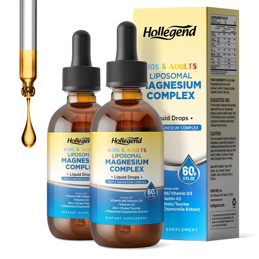 Liposomal Kids Magnesium Glycinate Drops, Liquid Triple Magnesium Complex 400Mg for Adults, with D3 & K2, B6, Zinc, Taurine, Theanine & Chamomile, Muscle Relief, Sleep, Stress, 120 Servings