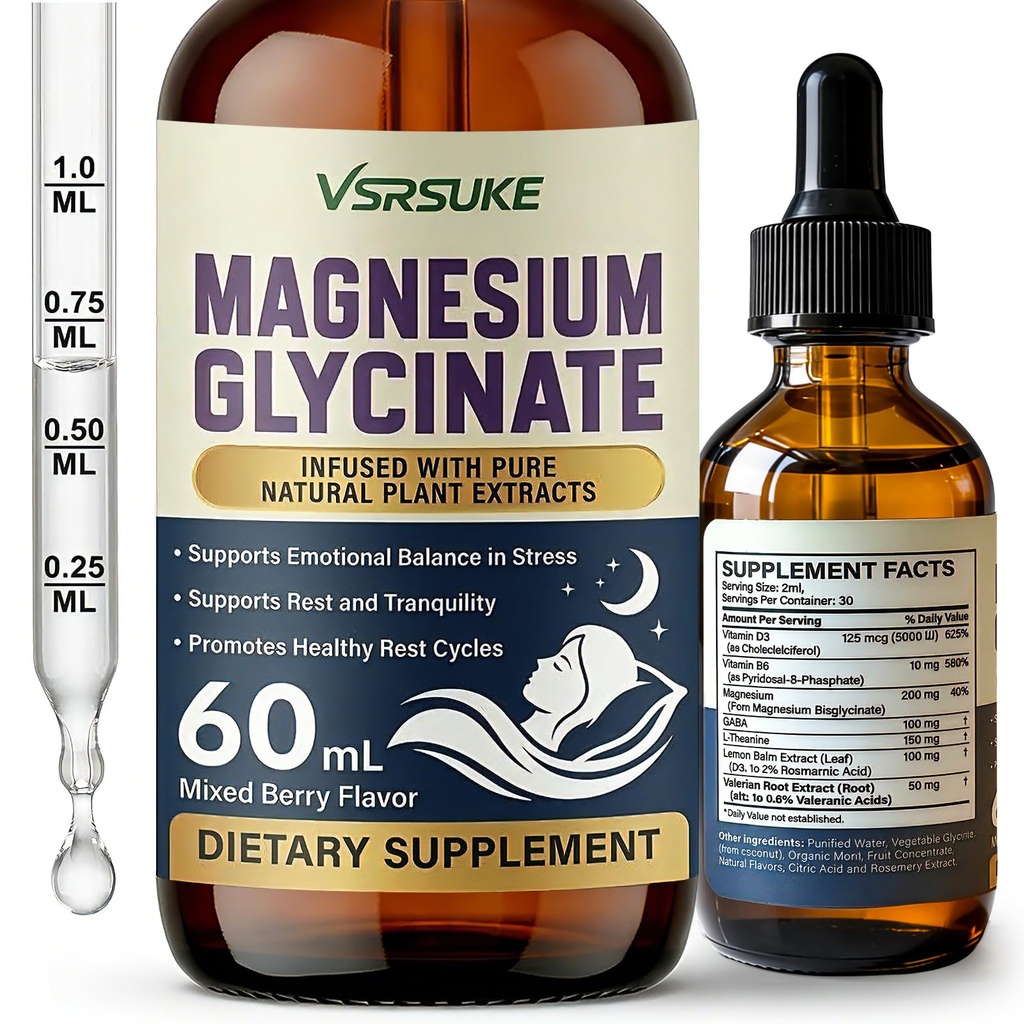 Liquid Magnesium Glycinate Drops for Women - Nighttime Calm & Sleep Support with GABA, L-Theanine & Vitamin D3 - High Absorption Sugar-Free Mixed Berry Flavor, Vegan, 60ml