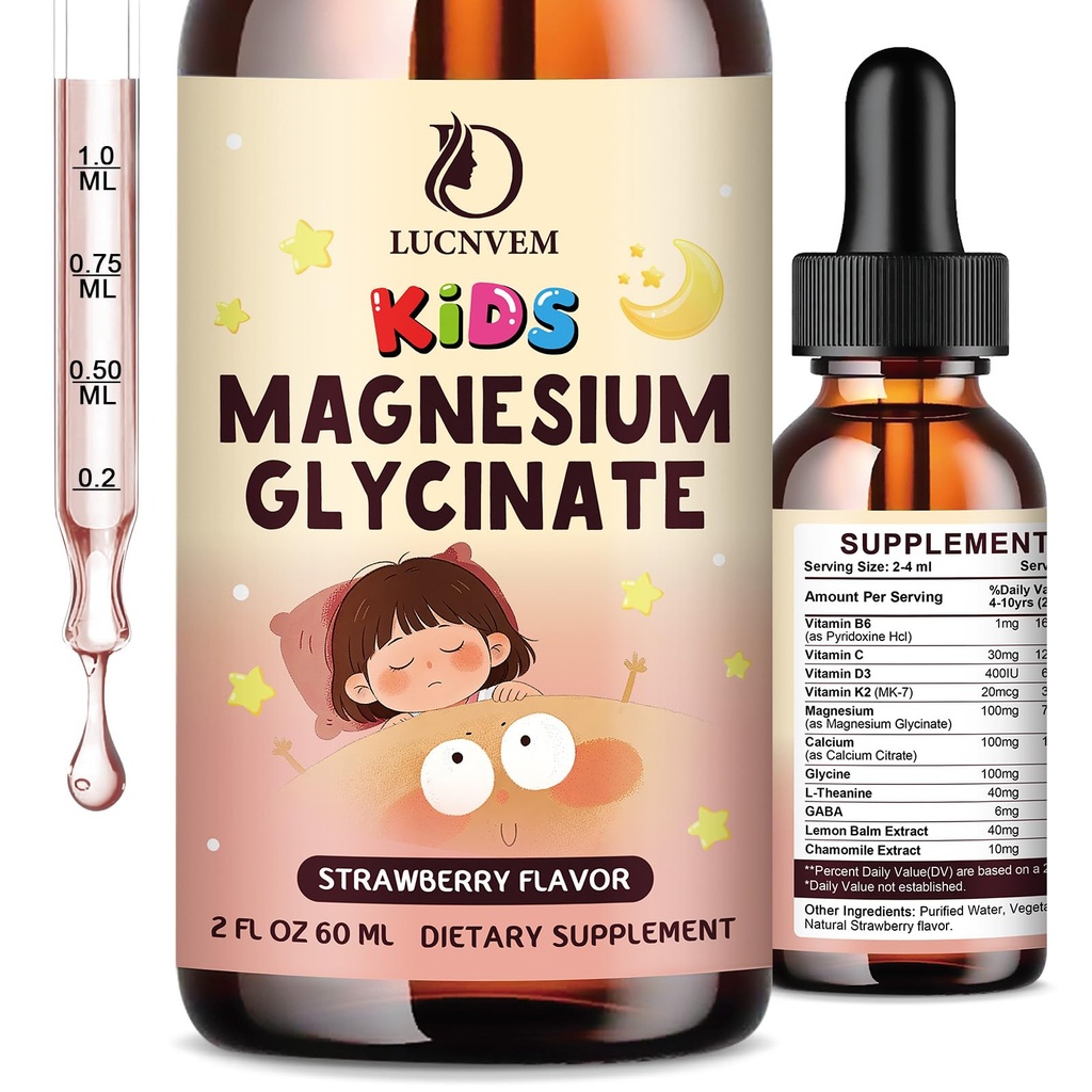 Magnesium Glycinate Liquid Drops for Kids 4+, Magnesium Glycinate 100/200 mg for Sleep, Relaxation & Calm Support, 11 in 1 Natural Gentle Sleep Aid for Kids, Sugar Free Strawberry Flavor, 2 Fl Oz