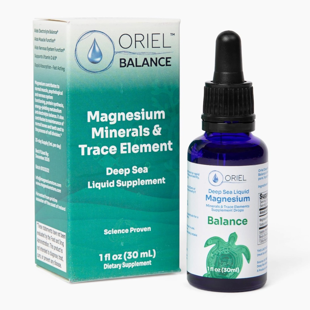 Oriel Liquid Magnesium Drops for Balance, Rapid Absorption, Free Ion Magnesium, Minerals and 78 Trace Elements, Supports Electrolyte Balance, Muscle and Nervous System Function, 30 ml, 30-Day Supply