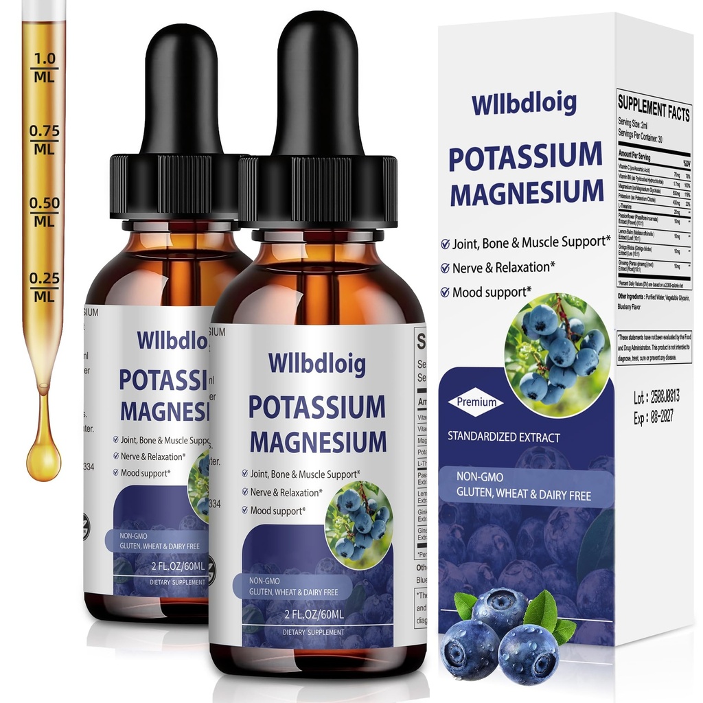 Potassium Magnesium Supplement Liquid Drops 2 Pack,High Absorption Potassium Supplement with Magnesium,L-Theanine, Vegan,Organic Potasio Support Leg Cramps, Bone, Muscle,4 Fl oz