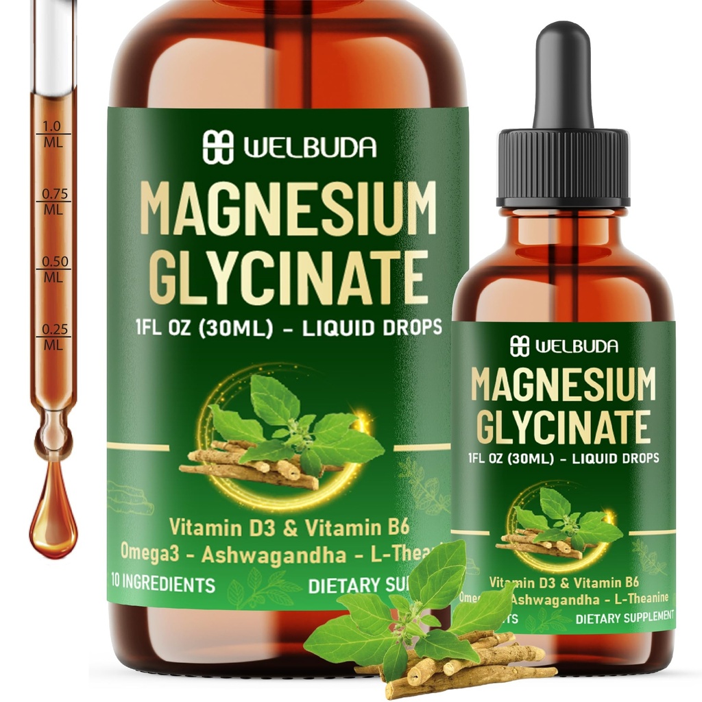 10in1 Magnesium Glycinate Liquid Drop with Omega-3, Vitamin D3, Vitamin B6, Ashwagandha, L-Theanine, Turmeric, Rhodiola Rosea, Elderberry, Lemon Balm - 1 FL Oz - 30 Days Supply