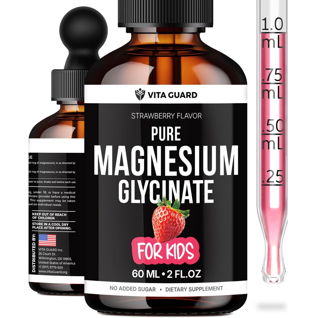 Vita Guard Pure Magnesium Glycinate for Kids – High Absorption Liquid Magnesium Drops for Sleep, Calm & Muscle Support – Sugar Free Kids Magnesium Supplement for Toddlers & Children Natural Strawberry
