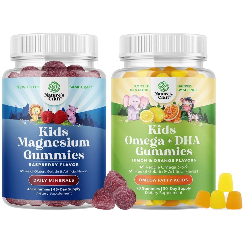 Bundle of Kids Magnesium Gummies - Calm Relaxing Mg Citrate Supplement with Raspberry Flavor and Kids DHA Omega 3 Gummies - Delicious Fish Free with Vegetarian 6 9 for Vision Brain & Immunity