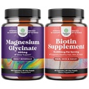 Bundle of Pure Magnesium Glycinate Supplement 400mg Per Serving for Mood Sleep & Relaxation Support and 10000 mcg Pure Biotin Pills - Promotes Thicker & Fuller Hair - Get Clear Skin Strong Nails