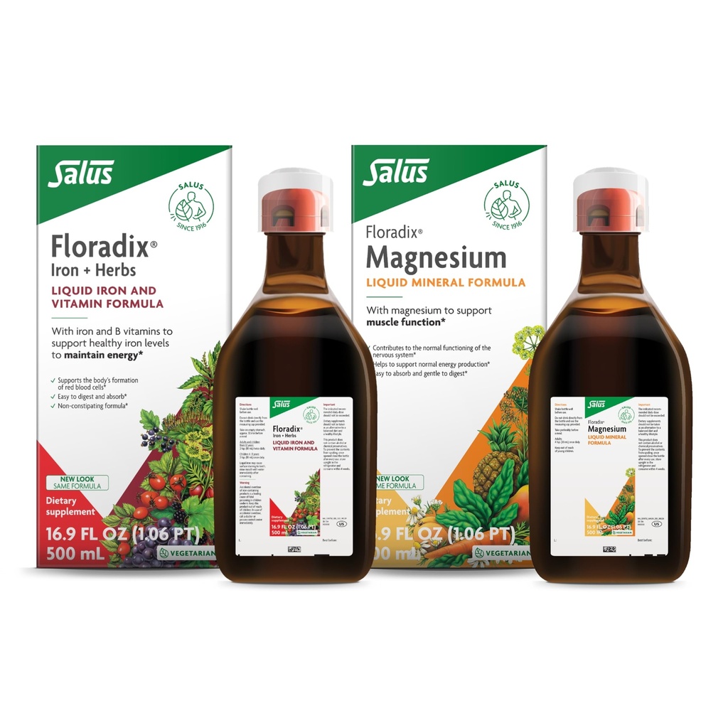 Floradix by Salus Magnesium (16.9 oz) & Iron & Herbs (16.9 oz) Bundle - Magnesium for Bone Support, Digestive Health & More* - Iron Supplement for Healthy Energy Support*