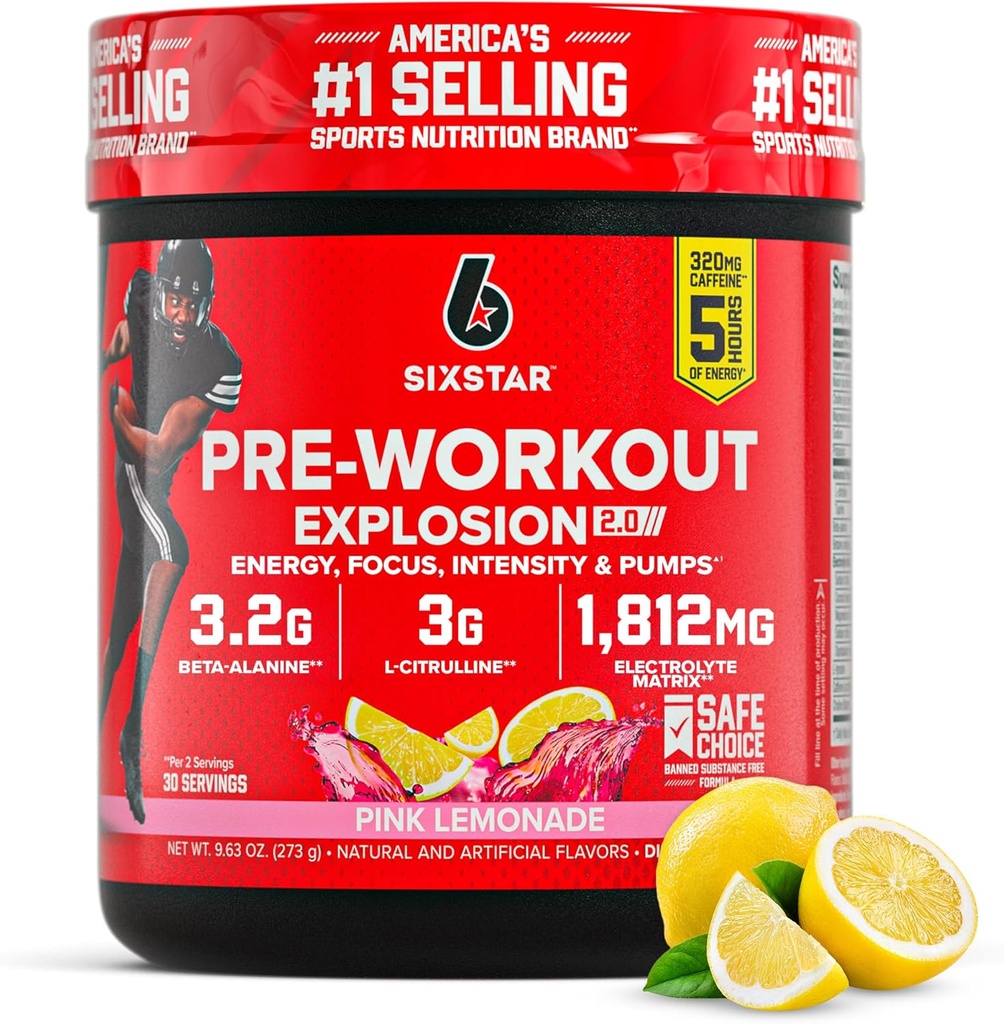 Polvo de seis estrellas para hombres y mujeres, limonada rosa (30 piezas) - Preworkout Explosion 2.0 Energy Powder Drink Mix with Beta-Alanine &amp; Caffeine - Sports Nutrition Supplement Products