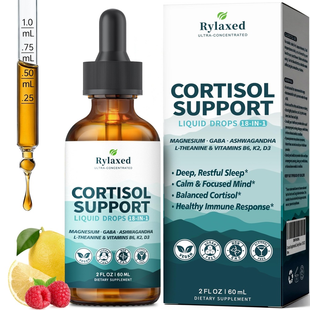 Cortisol Supplements for Women & Men, 18 in 1 Stress & Mood Support Drops with Magnesium 480mg, GABA, Ashwagandha, L-Theanine & Phosphatidylserine, for Relaxation & Sleep, Lemon Raspberry Flavor 60mL