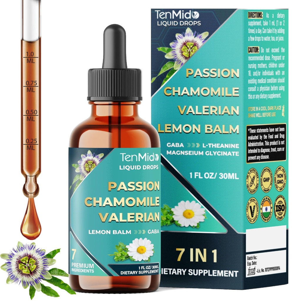 7in1 Passion Flower Extract Liquid Drops with Chamomile, Valerian, Lemon Balm, L-Theanine, GABA, and Magnesium Glycinate - 30ml 1 Fl Oz