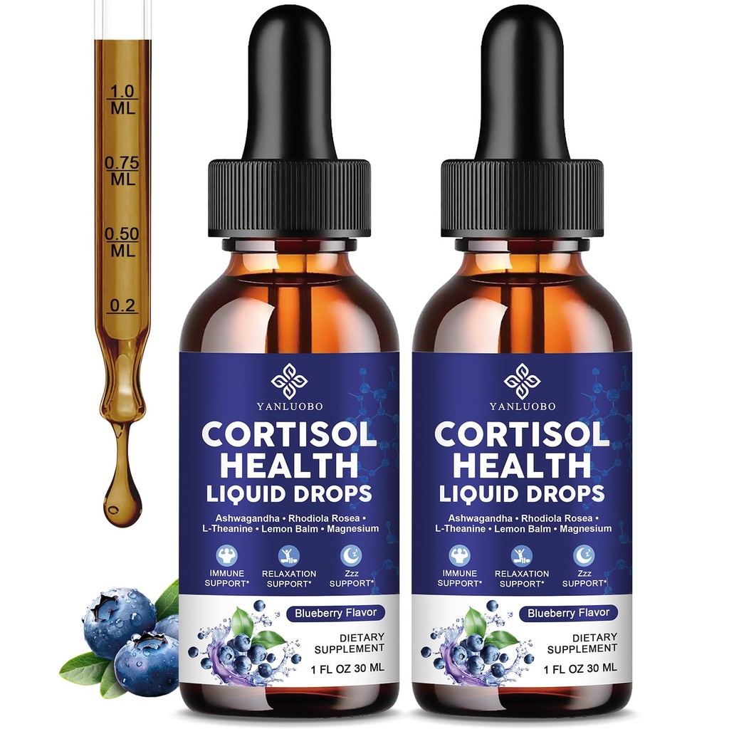 Cortisol Supplements for Women - Cortisol Manager Liquid Drops with Magnesium, Ashwagandha & Rhodiola rosea, L-theanine - Promotes Relaxation & Better Sleep, Mood, Blueberry Flavors, 1FL.OZ(2PC)