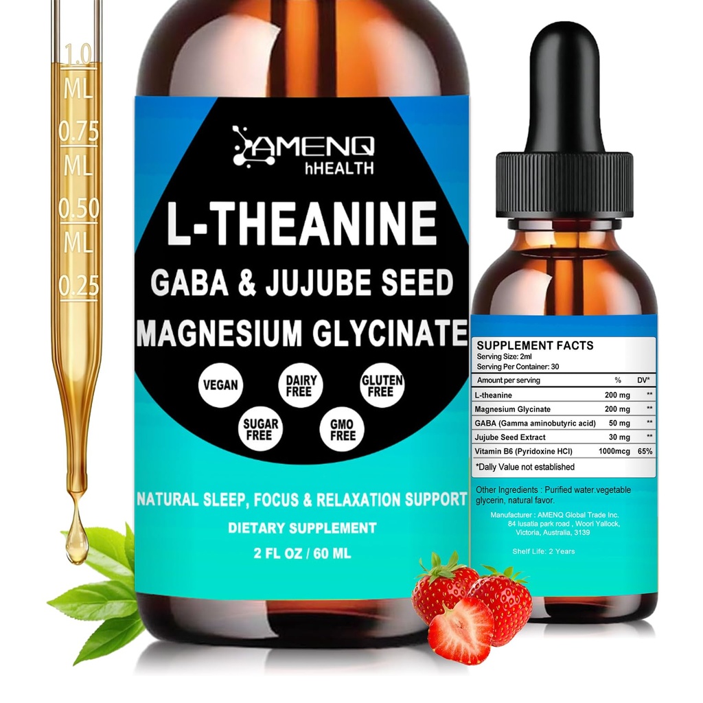 L Theanine Liquid Drops - Double Strength L-Theanine 200mg for Adults & Kids, Fast Absorption Gaba L-Theanine Supplements w. Magnesium & Jujube Seed for Nerve & Sleep, Relaxation & Mood Support丨Vegan