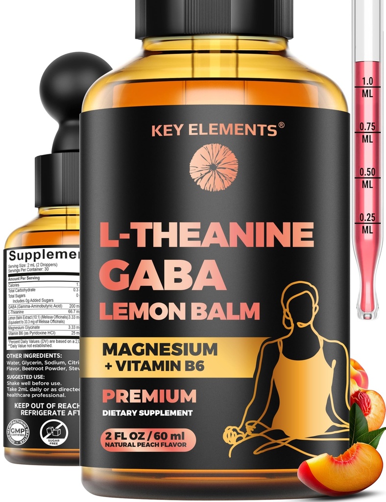 L Theanine and GABA Supplements | GABA Calming with Lemon Balm Extract, L-Theanine and Magnesium with B6 | Liquid GABA L Theanine Supplements | Stress Relief & Relaxation GABA Drops