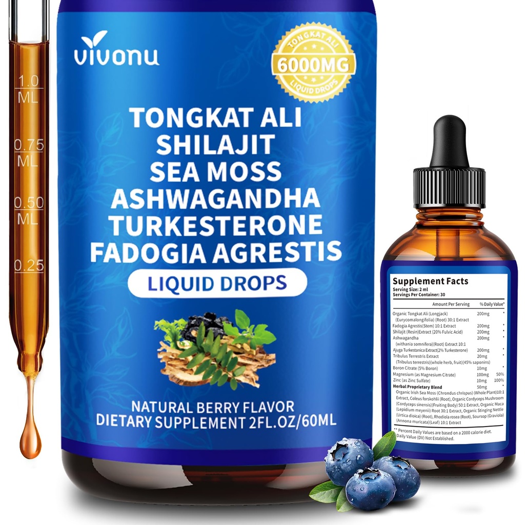 VivoNu Tongkat Ali Liquid Drops with Shilajit* for Men, Turkesterone, Fadogia Agrestics, Magnesium Zinc & Boron, Berry Flavor Herbal Supplements* for Energy*, Immune* Health