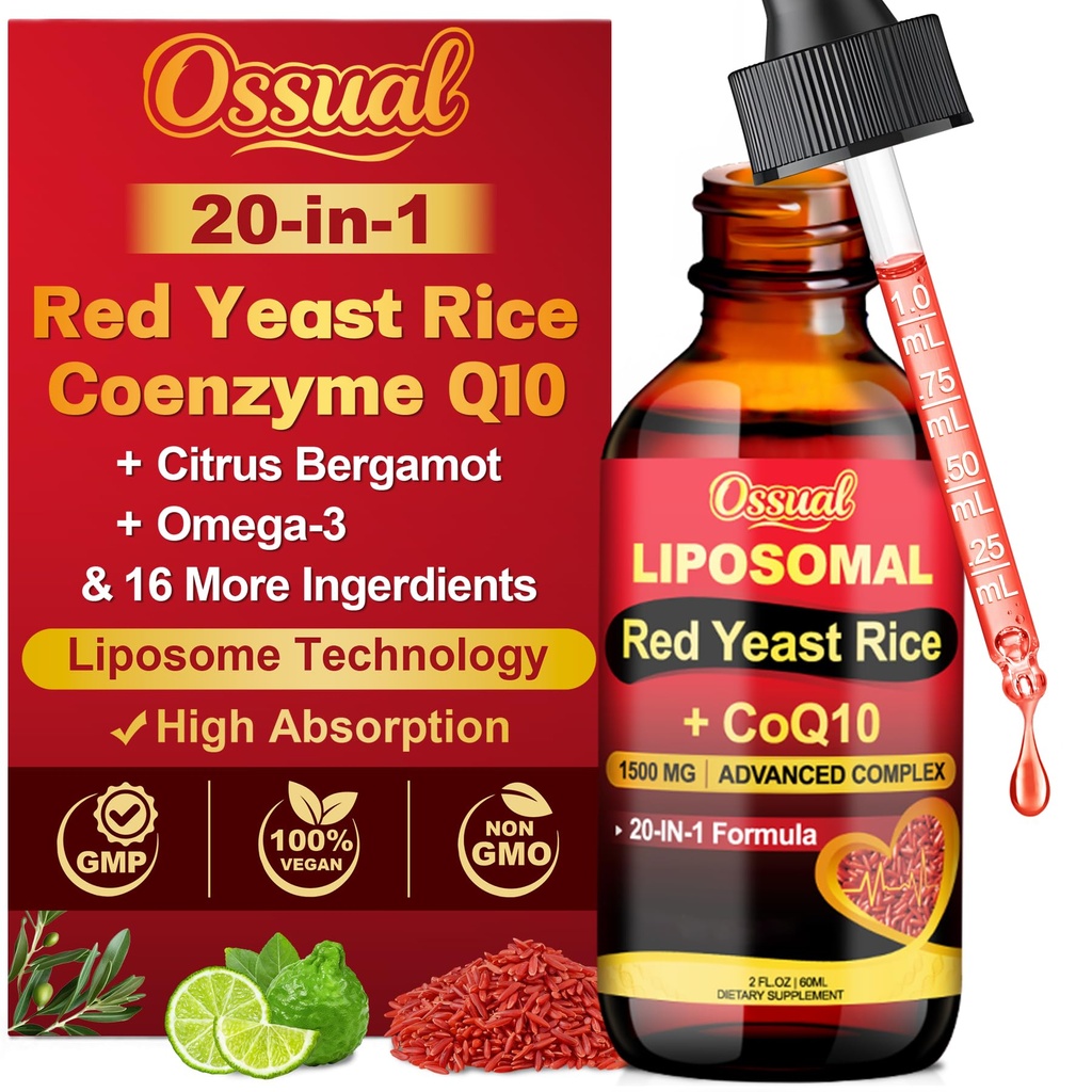 20-in-1 Liposomal 1500MG Red Yeast Rice with CoQ10 Drops, Cholesterol Supplement with Citrus Bergamot, Omega-3, Magnesium, Astaxanthin for Heart, Immune - Vegan, Citrinin-Free | 2 Fl OZ