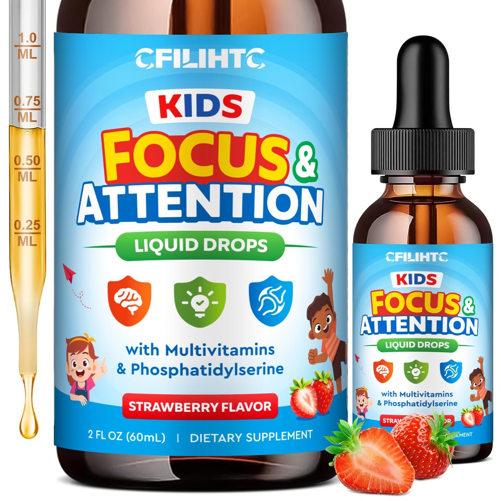 Kids Focus and Attention Supplements with Phosphatidylserine, Omega-3, Magnesium Glycinate & L-Theanine, Brain Vitamins Liquid Drops for Kids Memory, Cognitive, Sleep, Calm & Mood, Strawberry, 2 Fl Oz