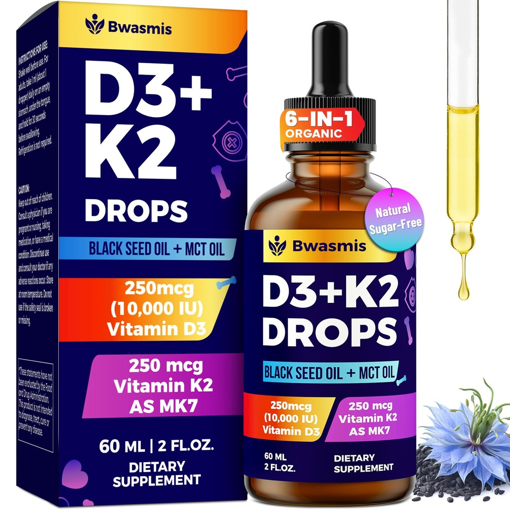 Vitamin D3 K2 Drops 10000IU with Organic Black Seed Oil, Magnesium, Omega-3, MCT Oil, Potent 6-in-1 Liquid Vitamin D Drops for Bone, Immune*, Hair, Mood*, Energy, Max Absorption - 2 Fl Oz