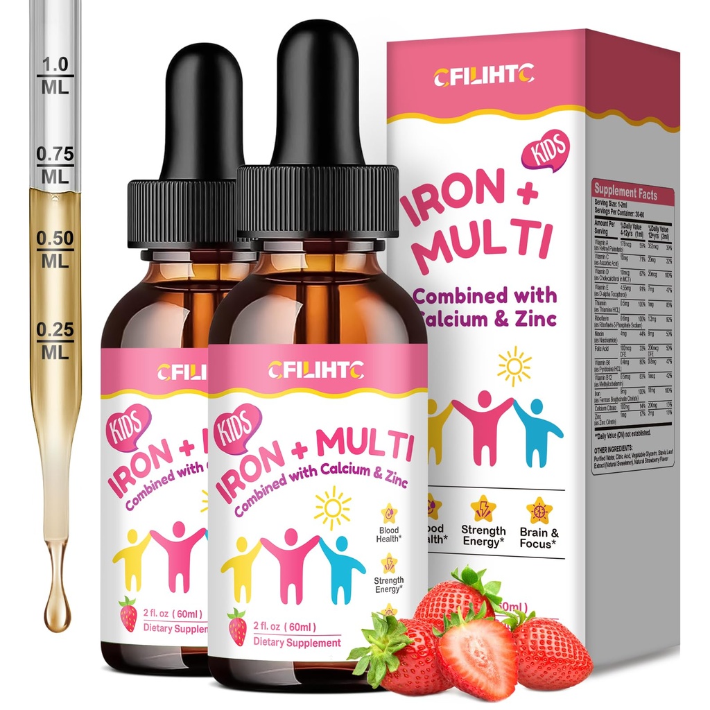 Liquid Iron Supplement for Kids, Women & Men - Kids Multivitamin with Iron Drops - Immune Support, Blood Builder & Energy Support for Iron Deficiency, Anemia - Strawberry Flavor, 4 Fl Oz