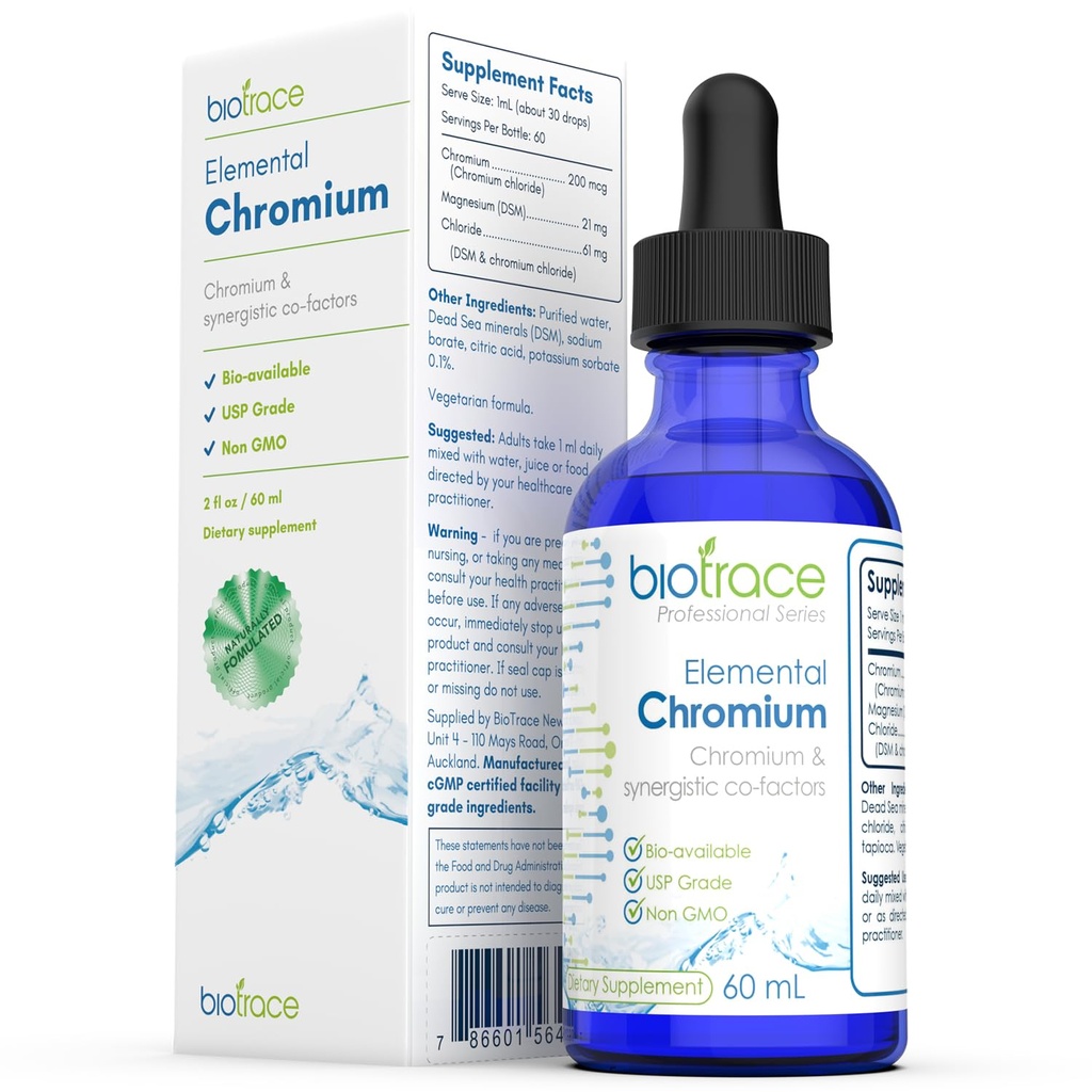 BioTrace Elemental Chromium Drops – Liquid Chromium with Magnesium Chloride & Dead Sea Minerals – Ionic Mineral Drops for Water – Non-GMO, 60mL