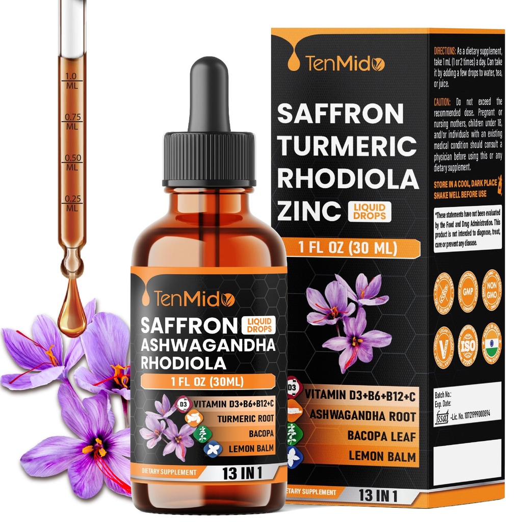 Saffon Extract Drops 88.5mg - 13in1 with Ashwagandha, Rhodiola, Turmeric, Bacopa, Magnesium Glycinate, L-Theanine, Lemon Balm, B1, B12 and More - 30ml 1 Fl Oz