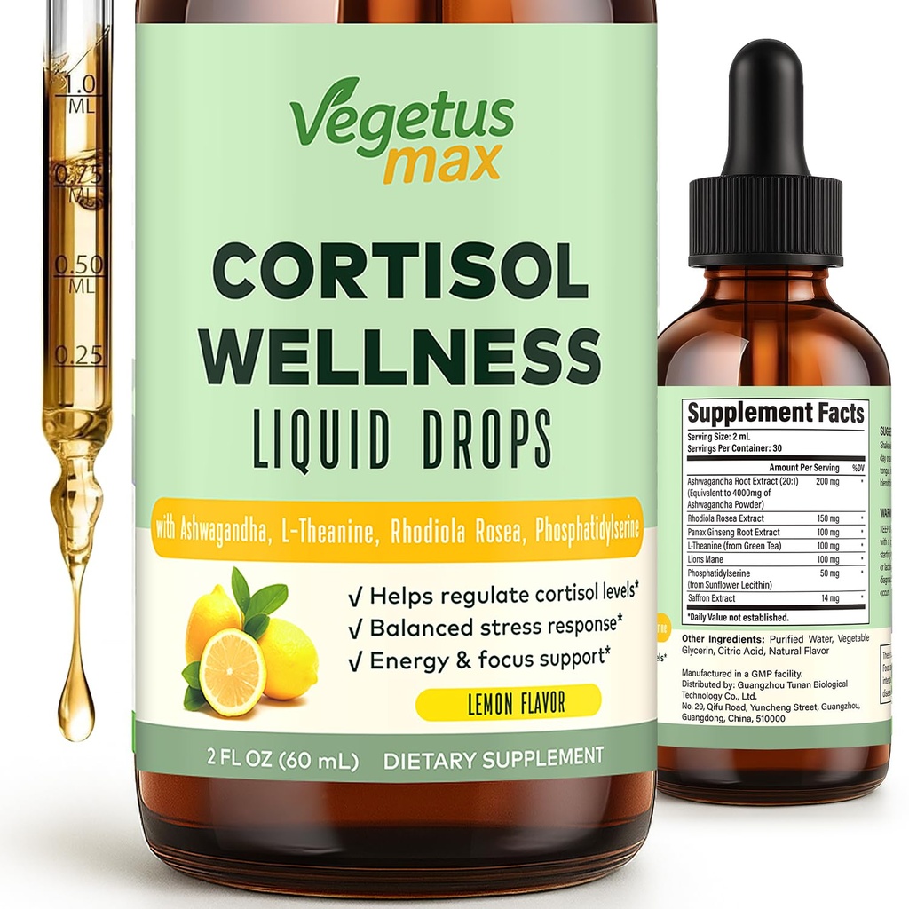 Cortisol Supplement Liquid Drops, 7-in-1 Cortisol Theanine Rhodiola Rosea Magnesium Phosphatidylserine, Organics Ashwagandha Root Hormone Balanced & Lower Cortisol for Women Calm,Relaxation
