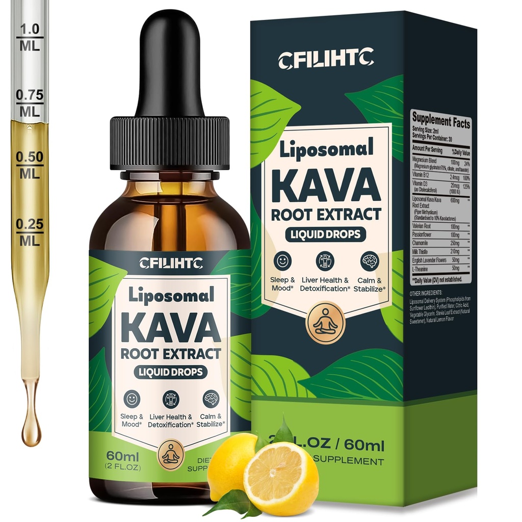 Liposomal Kava Liquid Drops Kava Kava Supplement - Valerian Root for Sleep Stress Relief Kava Root Extract - Calmness & Relaxation with Magnesium, Passionflower, Chamomile, Milk Thistle, L-Theanine​​