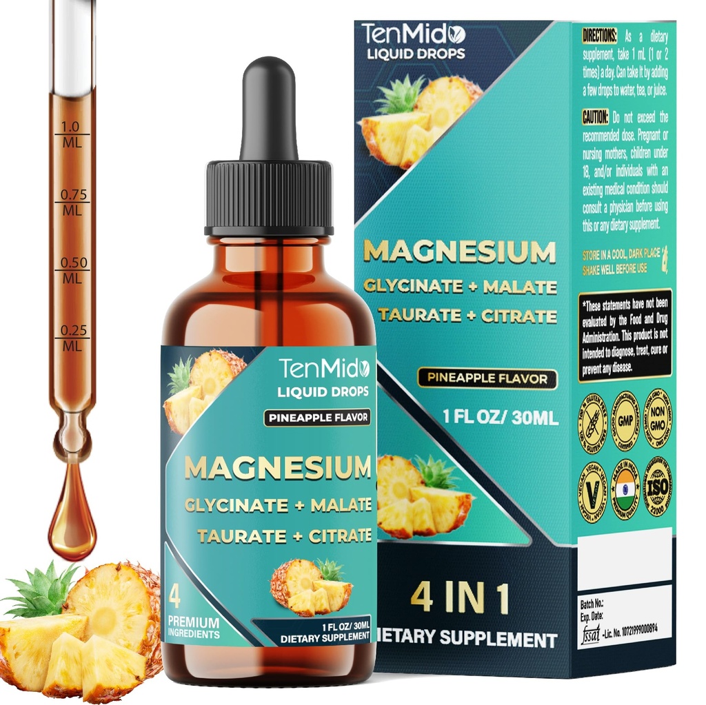 Magnesium Complex Drops | 4-in-1 with High Absorption Magnesium Glycinate, Malate, Taurate & Citrate | Alcohol-Free | Gluten Free | 30ml 1Fl Oz
