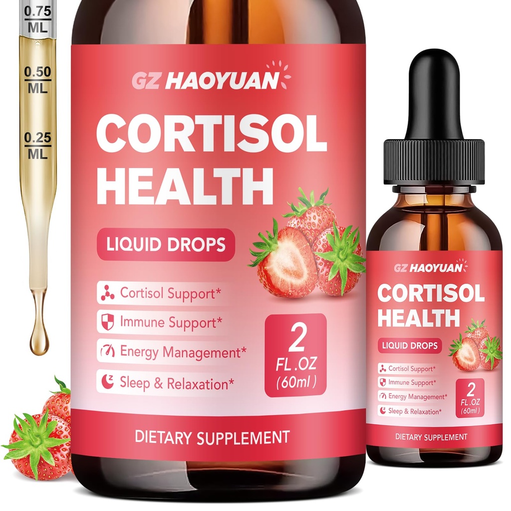 Cortisol Supplement Liquid Drops for Women and Men with Magnesium, Ashwagandha, L-theanine, Phosphatidylserine for Lower Cortisol, Calm, Mood, Sleep Support - 2 FL.OZ, Strawberry