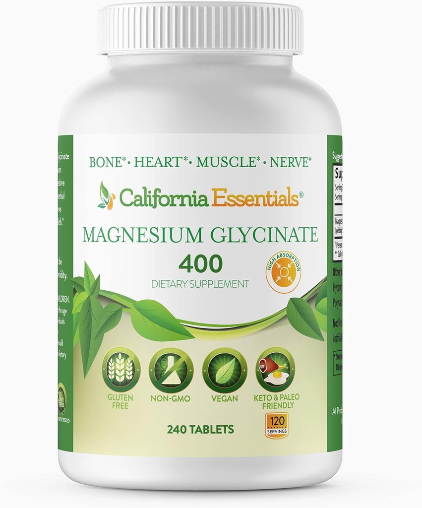 Magnesio Glycinate 400 - Magnesio Chelated, de alta absorción para el alivio muscular, Bone & Heart Support -Vegan, No GMO, sin gluten 240 Tabletas (Servings 120, Tamaño de servicio (2) 200mg Tablets)