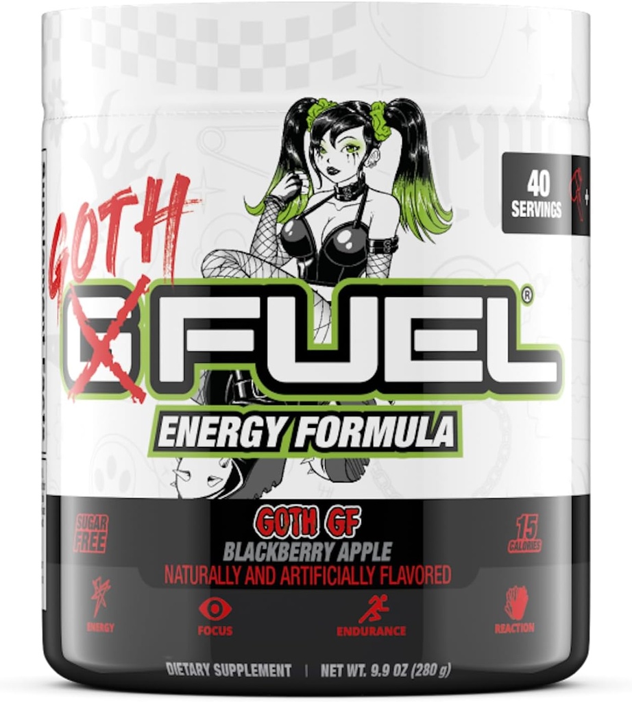 G Fuel Goth GF Energy Drink Powder, Pre Workout Caffeine Powder, Energy Powder Drink Mix for Gaming, Sugar Free Focus Amino, Vitamina + Antioxidantes, 9.9oz (Blackberry Apple, 40 Servings)