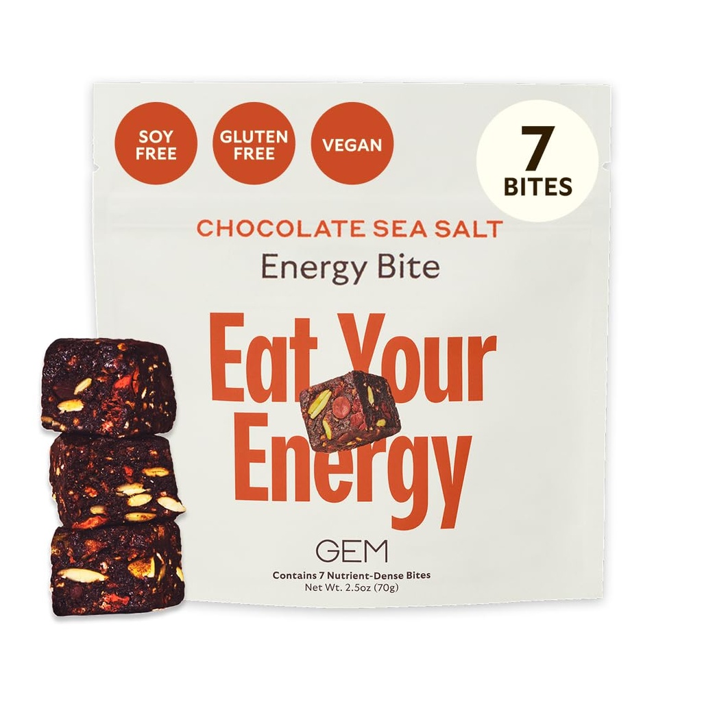 GEM Energy Caffeinated Bite ← Holistic Sustained Energy ← Soporta Metabolismo, resistencia y resistencia ← 40mg Caffeine, Ginseng Root, L-Theanine  durable Chocolate Cacao Sea Salt TENED 7 Servings