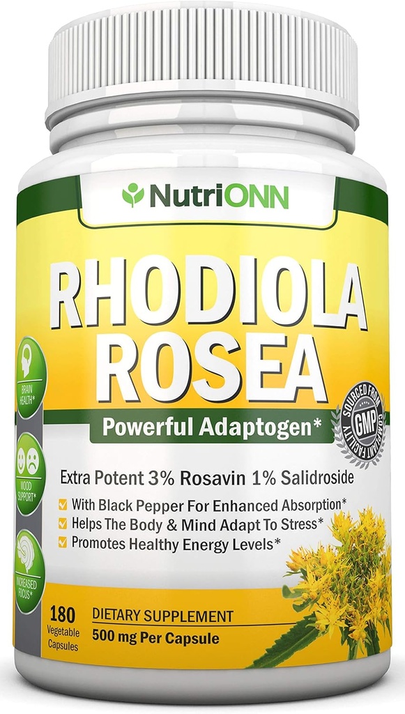 Rhodiola Rosea - 500mg - 180 cápsulas Vegan - 3% Rosavin 1% Salidroside Extracto - No GMO - con Pepper Negro para la absorción mejorada - 6 meses de suministro - Suplemento para energía &amp; contaminación